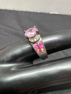 Sterling Silver Pink Gemstone Ring With Faux Opal Inlay Size 7 Elegant Design